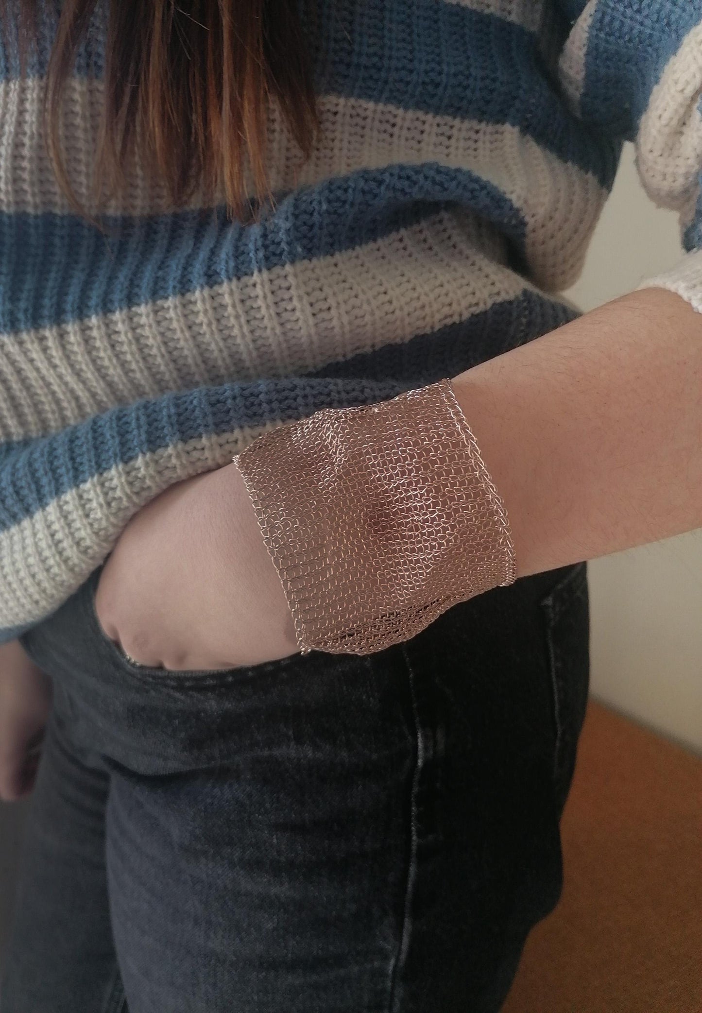 Handmade Wire Crochet Cuff Bracelet: Wide Artisan Jewelry