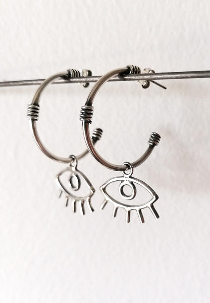 Evil Eye Charm Hoop Earrings – Sterling Silver or Gold Brass