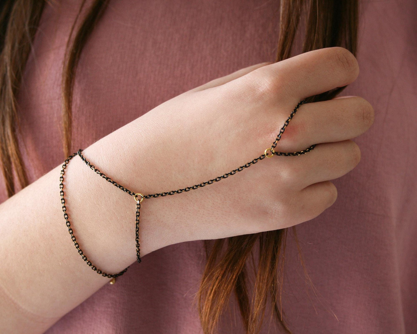 Black & Gold Steel Hand Chain Bracelet: Gothic Boho Jewelry