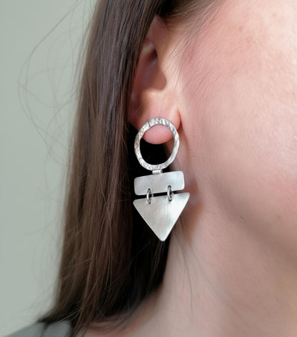 Handmade Sterling Silver Geometric Dangle Earrings – Textured Circle & Triangle Statement Jewelry