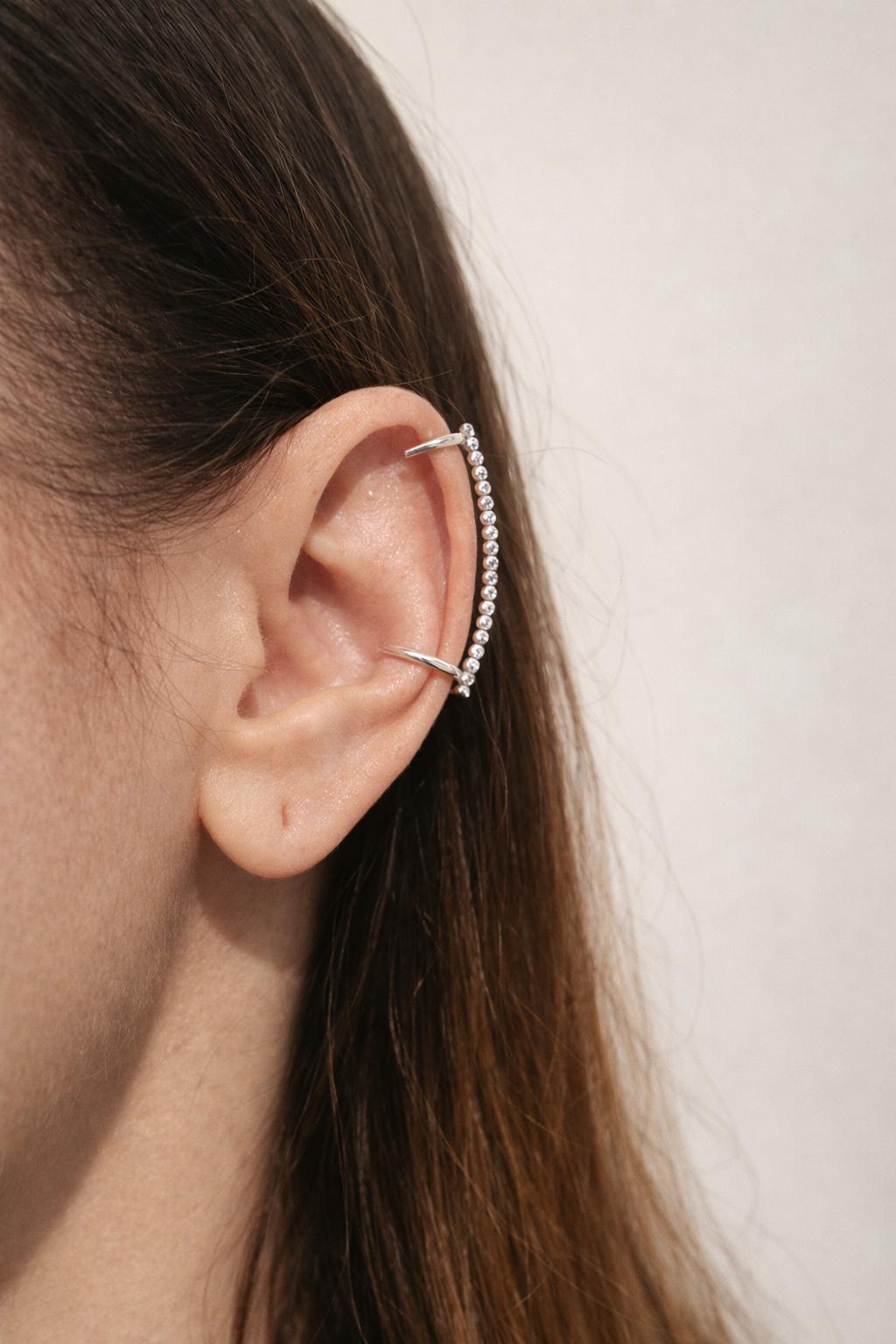 Long Beaded Sterling Silver Ear Cuff – No Piercing