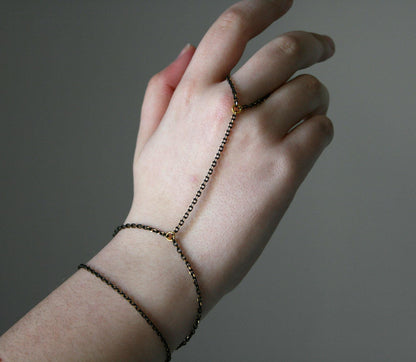 Black & Gold Steel Hand Chain Bracelet: Gothic Boho Jewelry