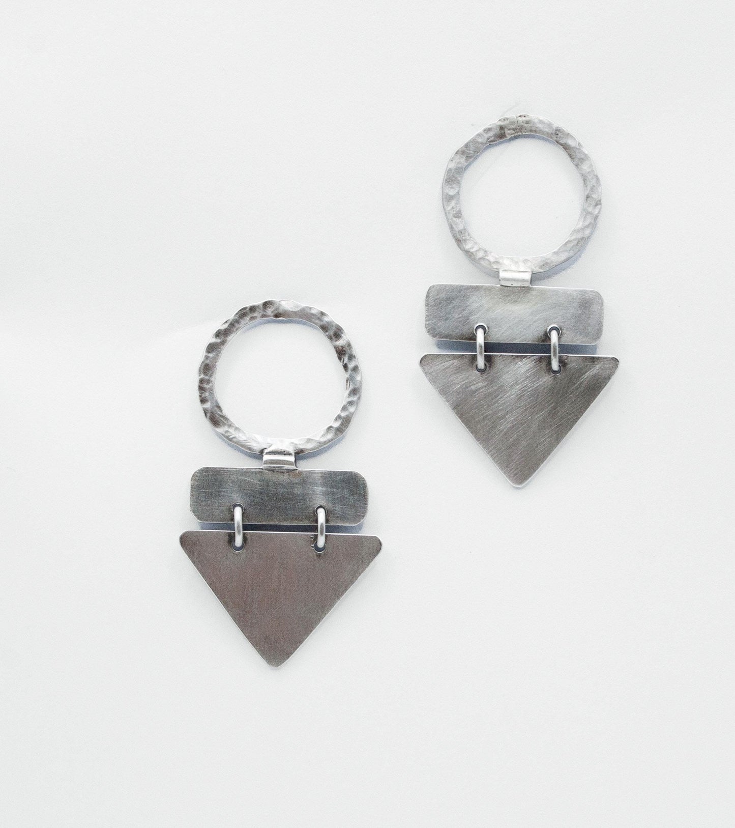Handmade Sterling Silver Geometric Dangle Earrings – Textured Circle & Triangle Statement Jewelry