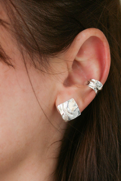 Sculptural Square Stud Earings – Handcrafted in Sterling Silver 925