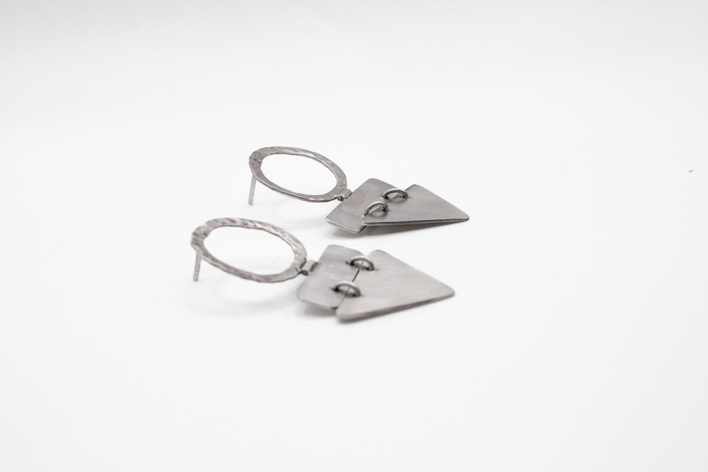 Handmade Sterling Silver Geometric Dangle Earrings – Textured Circle & Triangle Statement Jewelry