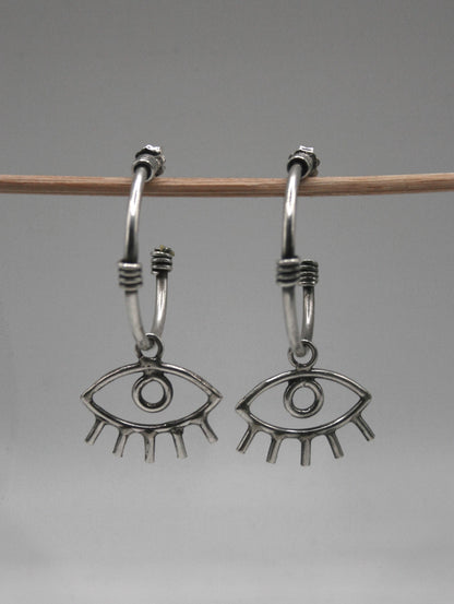 Evil Eye Charm Hoop Earrings – Sterling Silver or Gold Brass