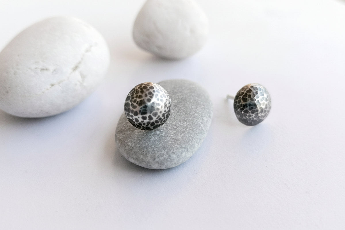 Hammered Dome Stud Earrings in Sterling Silver 925 – Half Dome Button Studs