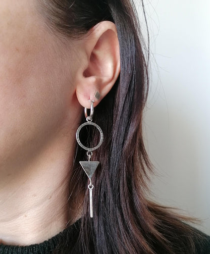 Geometric Sterling Silver Hoop Earring with Triangle Dangle