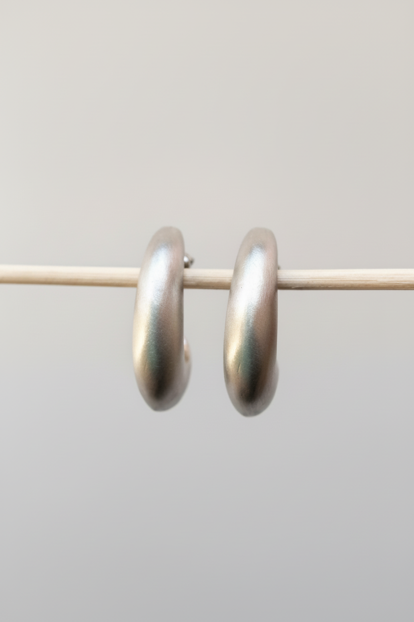 A pair of thick, polished silver hoop earrings hanging from a thin horizontal wire against a plain light gray background.