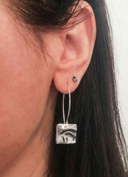 Textured Irregular Square Sterling Silver Dangle Earrings