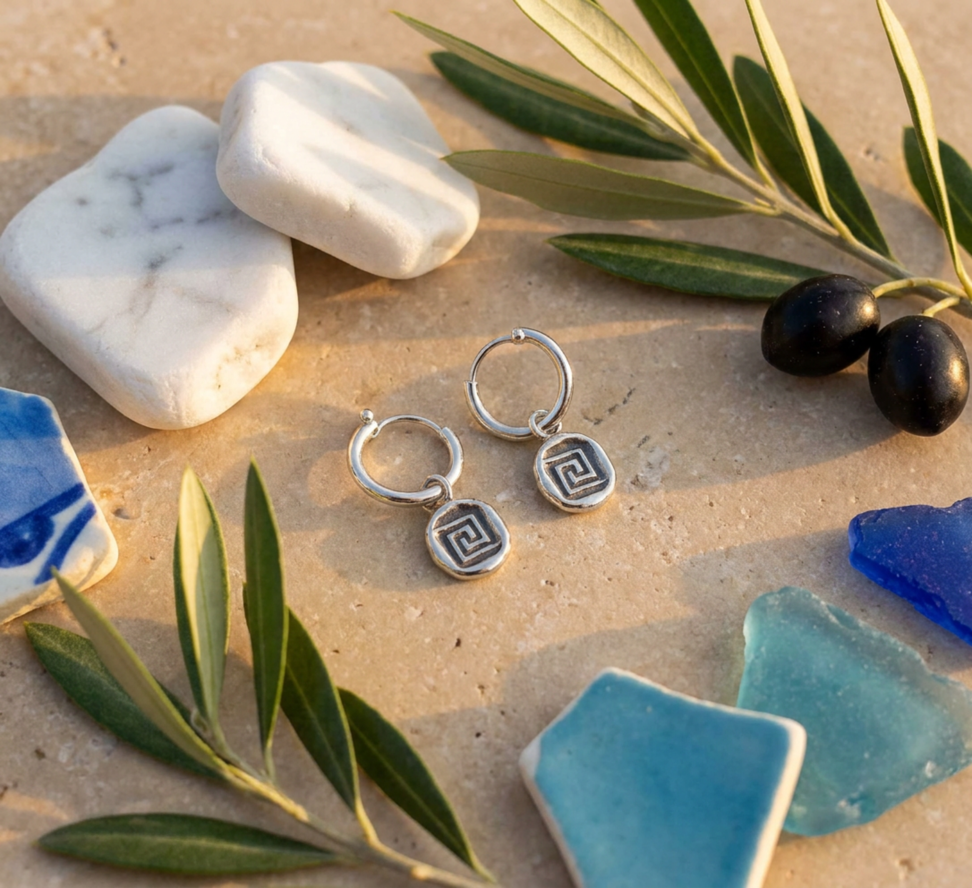 A pair of silver hoop earrings with a Greek key geometric charm, styled on a sandy surface with green leaves, blue and white sea glass, and white stones.