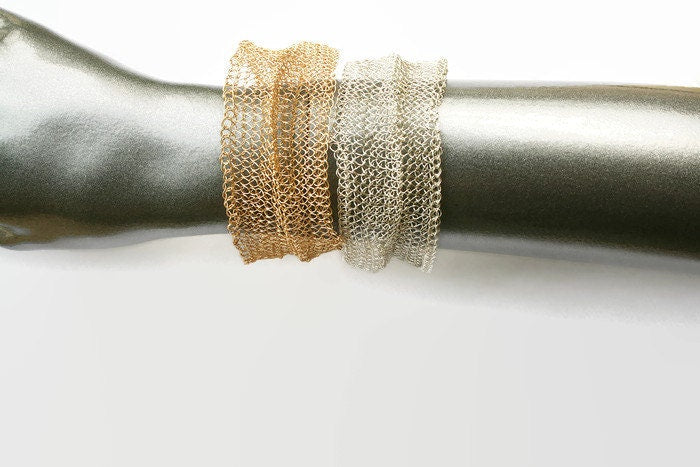 Wide Wire Crochet Bangle Bracelet – Gold or Silver