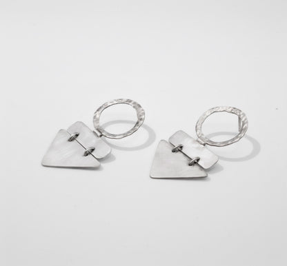 Handmade Sterling Silver Geometric Dangle Earrings – Textured Circle & Triangle Statement Jewelry