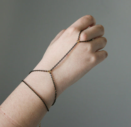 Black & Gold Steel Hand Chain Bracelet: Gothic Boho Jewelry