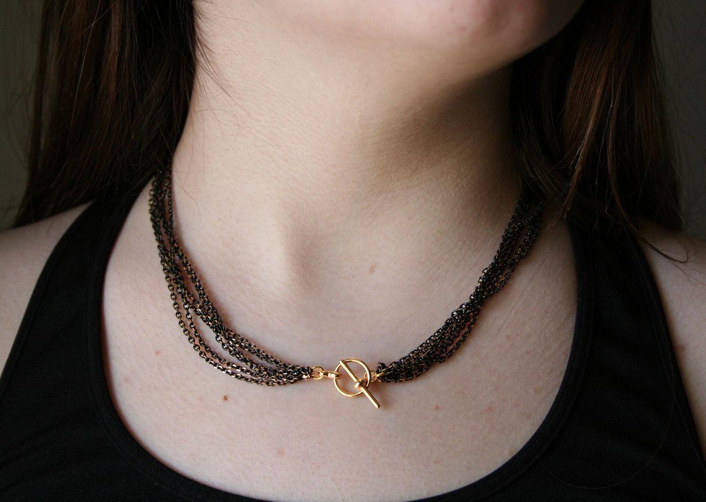 Multi-Strand Chain Choker: Black & Gold Layered Necklace