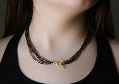 Multi-Strand Chain Choker: Black & Gold Layered Necklace