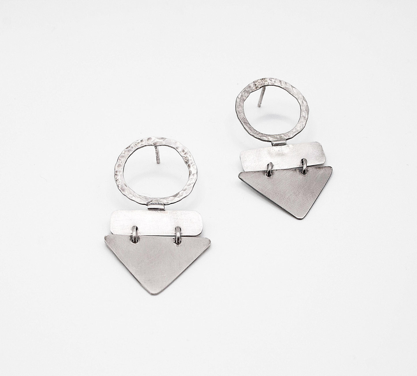 Handmade Sterling Silver Geometric Dangle Earrings – Textured Circle & Triangle Statement Jewelry