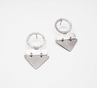 Handmade Sterling Silver Geometric Dangle Earrings – Textured Circle & Triangle Statement Jewelry