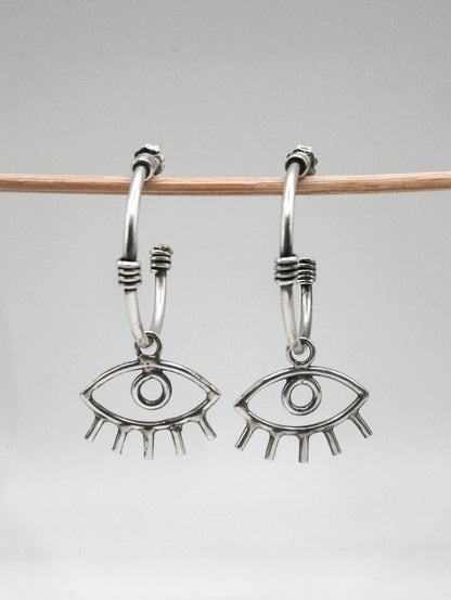 Evil Eye Charm Hoop Earrings – Sterling Silver or Gold Brass