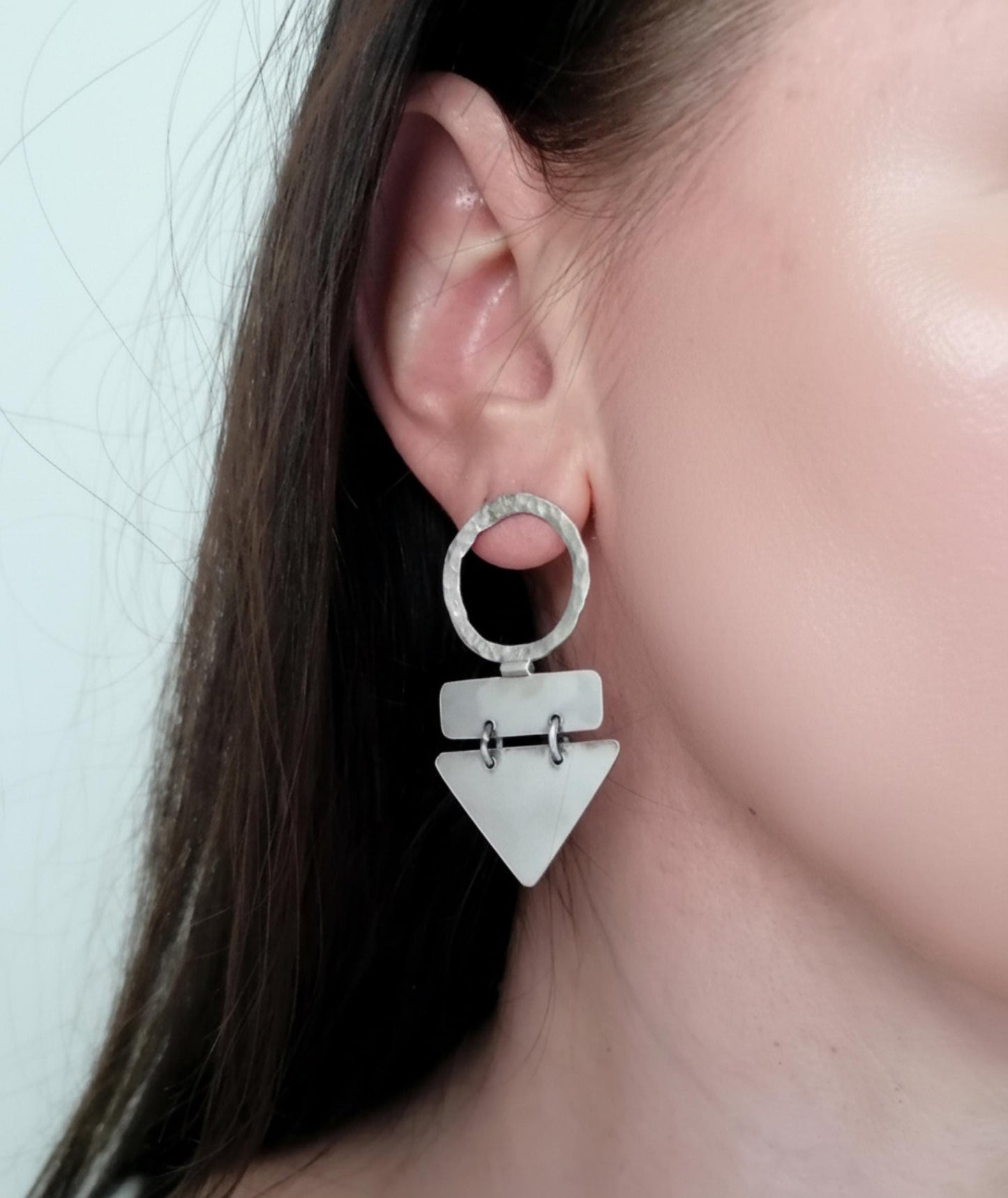 Handmade Sterling Silver Geometric Dangle Earrings – Textured Circle & Triangle Statement Jewelry