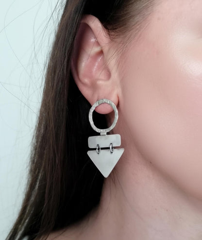 Handmade Sterling Silver Geometric Dangle Earrings – Textured Circle & Triangle Statement Jewelry