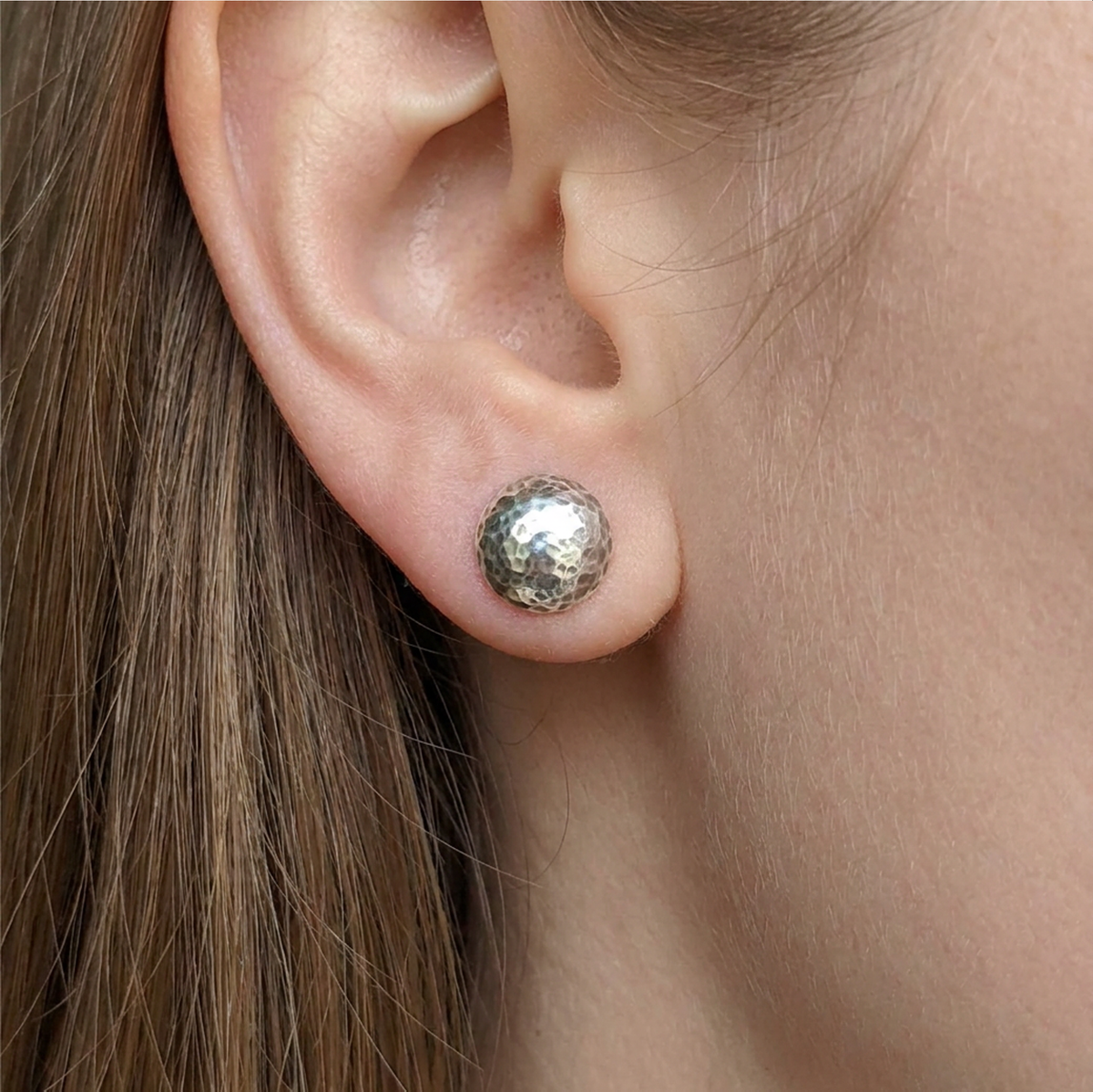 Hammered Dome Stud Earrings in Sterling Silver 925 – Half Dome Button Studs