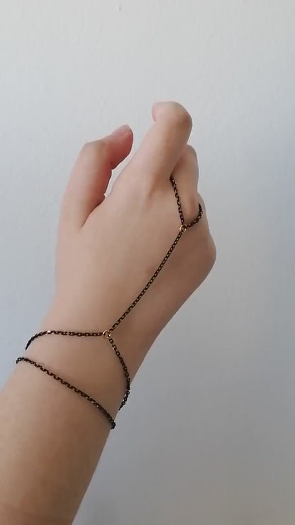 Black & Gold Steel Hand Chain Bracelet: Gothic Boho Jewelry